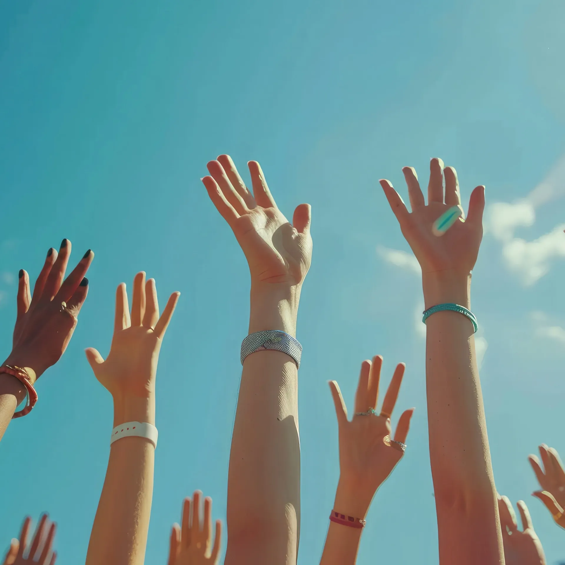 mains tendues vers le ciel bleu